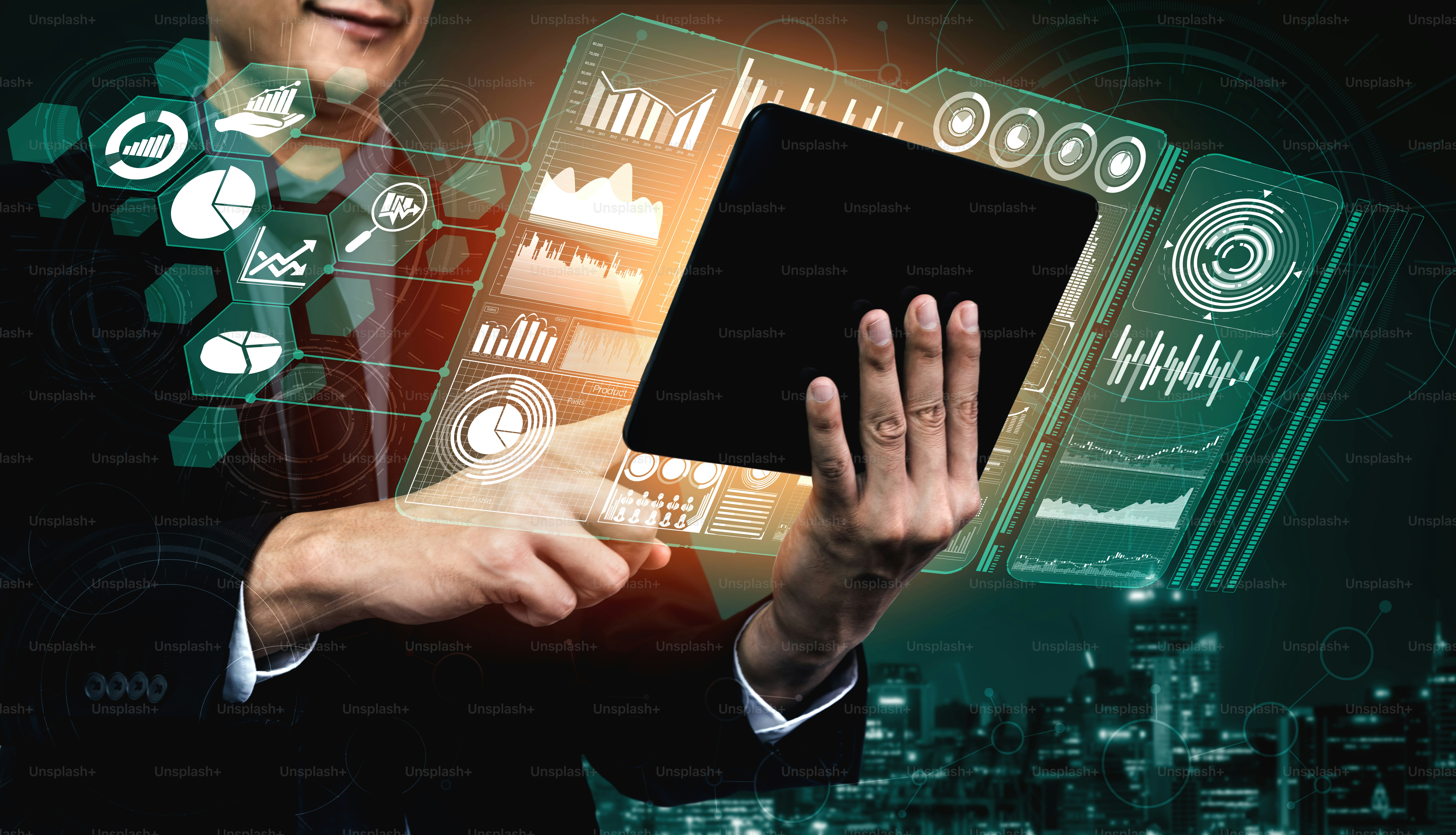 Big Data Technology for Business Finance Analytic Concept. Modern graphic interface shows massive information of business sale report, profit chart and stock market trends analysis on screen monitor.