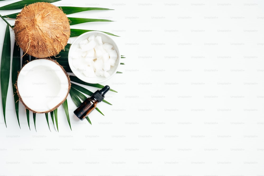 Olio di cocco per la cura del corpo con foglia di palma tropicale su sfondo bianco. Concetto di cosmetici biologici naturali