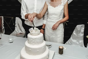 Novia hermosa con estilo y novio elegante cortando y degustando pastel de bodas blanco inusual