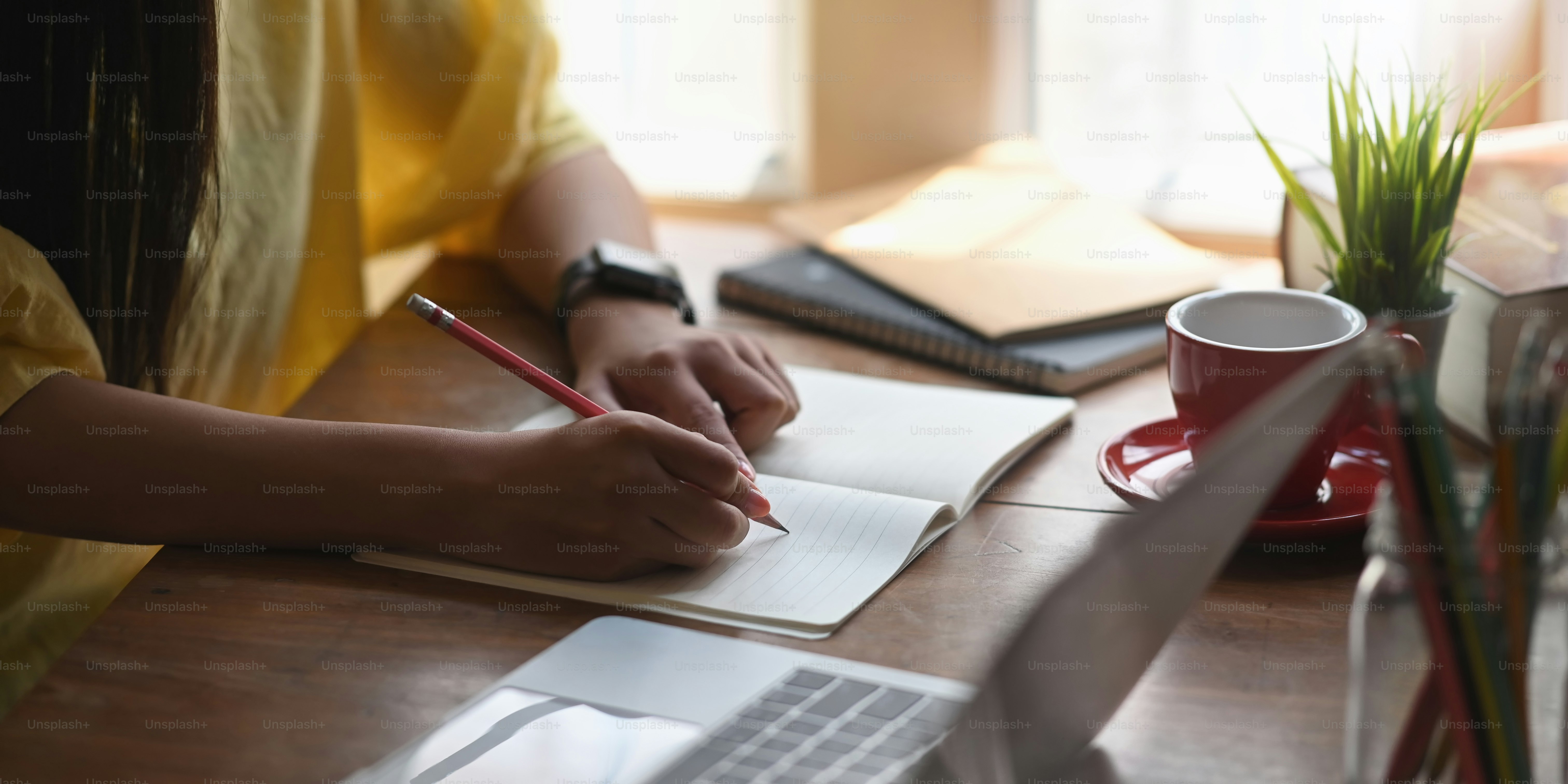 Imagen recortada de una mujer escribiendo en un cuaderno que se pone en el escritorio de trabajo y rodeada de computadora portátil y cuaderno sobre una cómoda sala de estar como fondo.