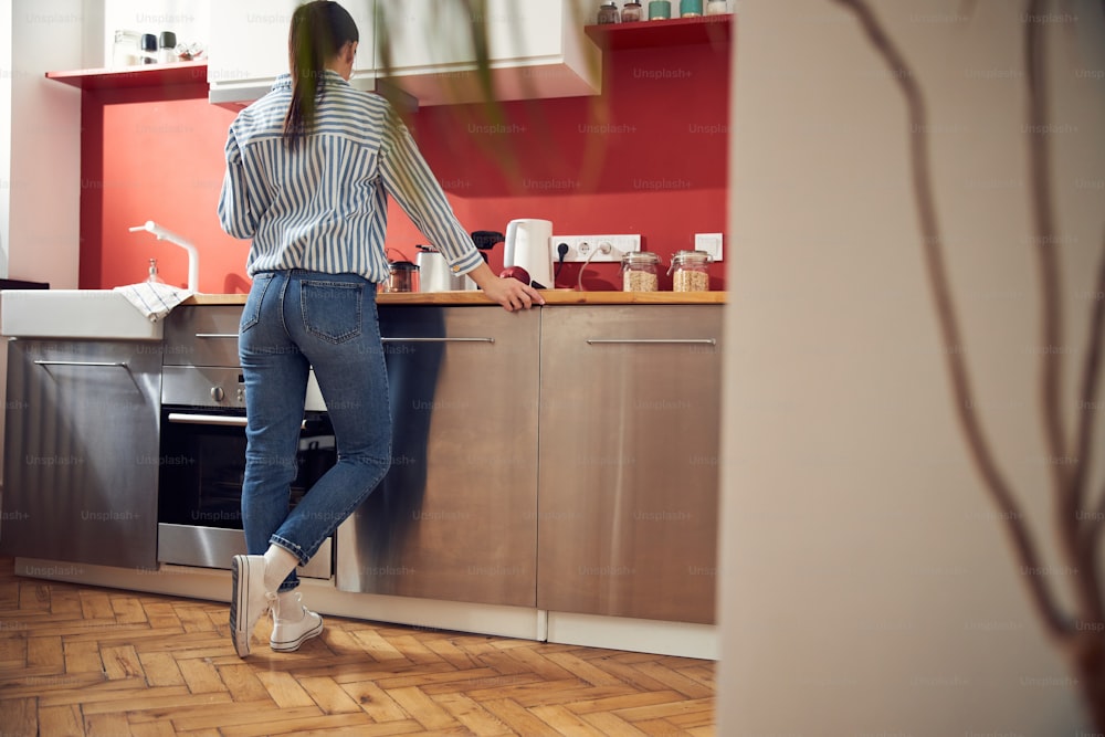 Caucasian attractive woman in casual spending time in the kitchen stock photo. Lifestyle concept