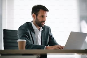 Handsome businessman working in office. Young man working on lap top.