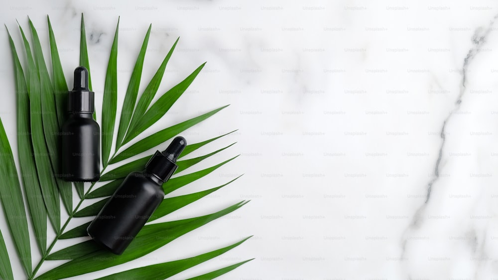 Botellas de aceite aromático negro sobre hoja de palma sobre fondo de mármol. Loción de suero para el cabello, productos de belleza a base de hierbas. Plano, vista superior.