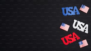 7월 4일 독립기념일 배너 모형. 어두운 배경에 미국 표지판과 미국 국기. 애국심과 미국 국경일 개념