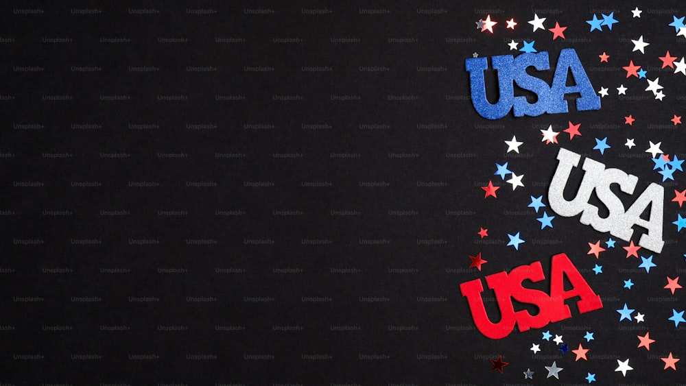 Happy Independence Day USA concept. USA signs and blue red white confetti on black background. 4th of July celebration banner mockup, US national holiday poster template.
