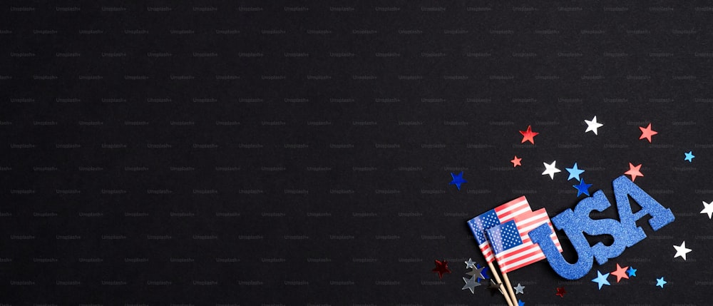 Happy Fourth of July Independence Day banner mockup. American flags, sign USA and confetti on dark background