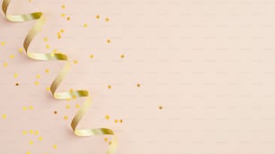 Golden spiral ribbon and confetti star on beige background. Christmas, birthday or wedding concept. Flat lay, top view.