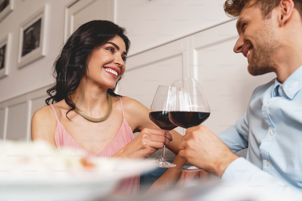 Attractive lady and gentleman clinking glasses of alcoholic drink while looking at each other and smiling