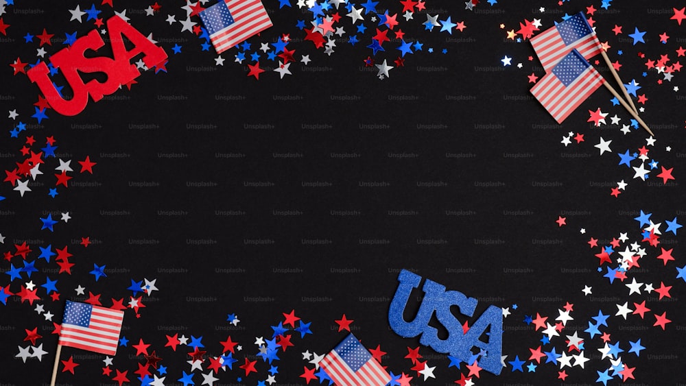 4th of July Independence Day banner mockup. Frame of blue red white confetti, sign USA and American flags on dark background.