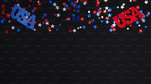 Cadre bordure, confettis bleus, rouges, blancs et décorations USA sur fond sombre. Joyeux anniversaire de l’indépendance des États-Unis, concept de célébration du 4 juillet.