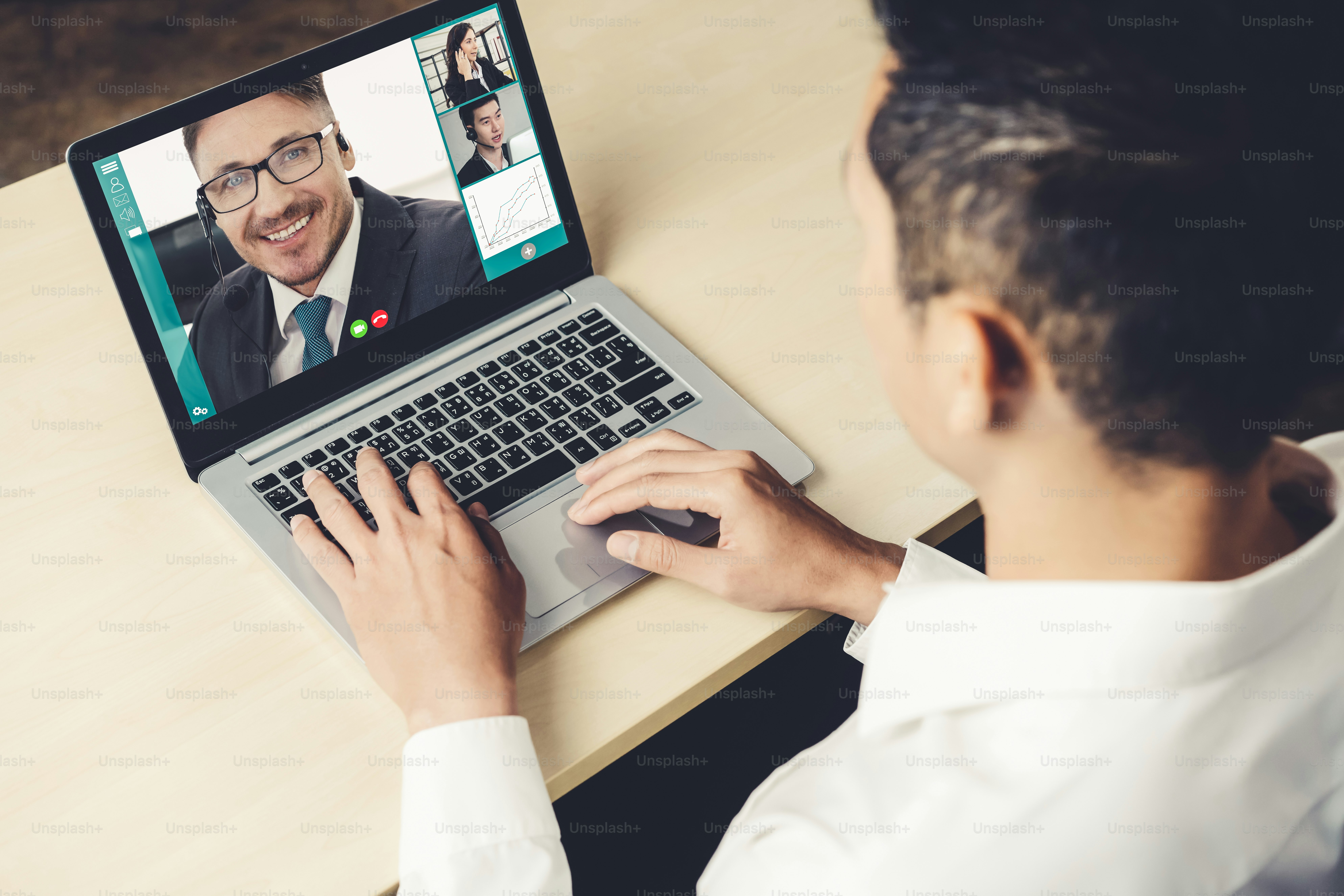 Video call business people meeting on virtual workplace or remote ...