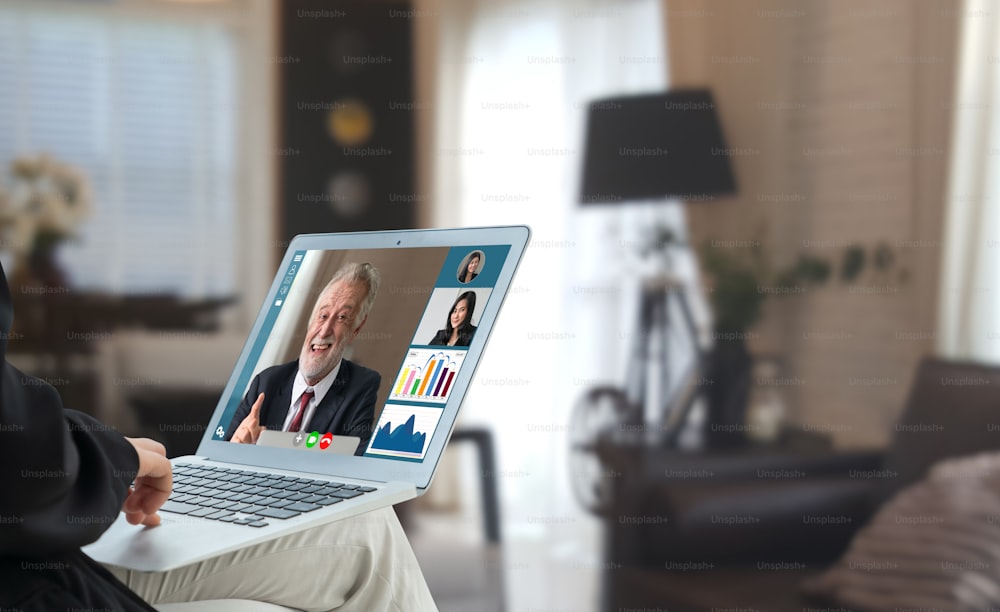 Video call business people meeting on virtual workplace or remote office. Telework conference call using smart video technology to communicate colleague in professional corporate business.