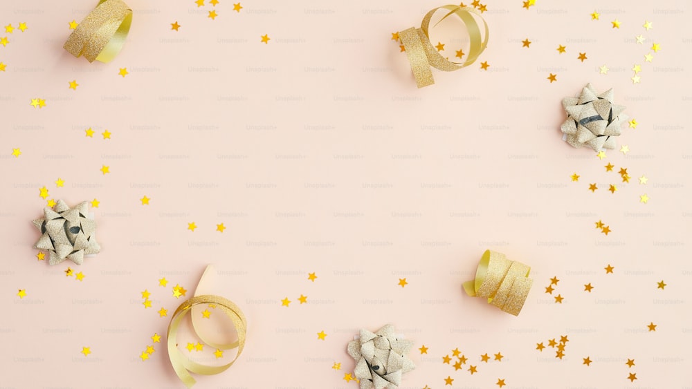 Birthday party background with golden confetti stars and serpentine on beige table. Flat lay, top view.