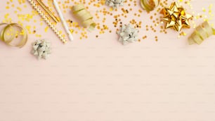 Birthday party background with confetti stars and golden streamers. Top frame border with festive gold decorations on beige table.