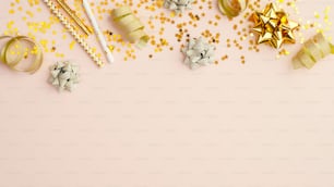 Fond de fête d’anniversaire avec des étoiles de confettis et des banderoles dorées. Bordure de cadre supérieure avec des décorations dorées festives sur une table beige.