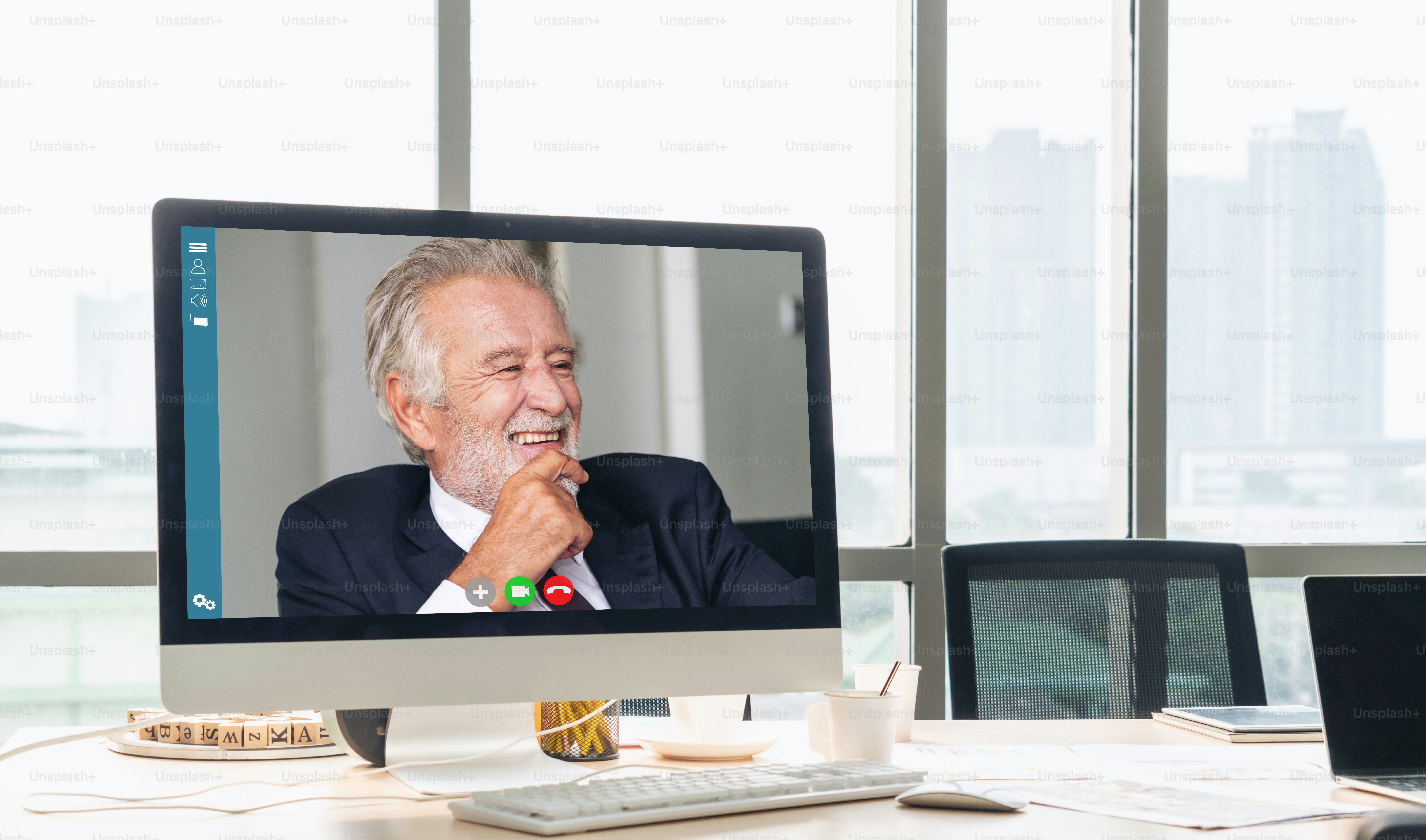 Video call business people meeting on virtual workplace or remote office. Telework conference call using smart video technology to communicate colleague in professional corporate business.