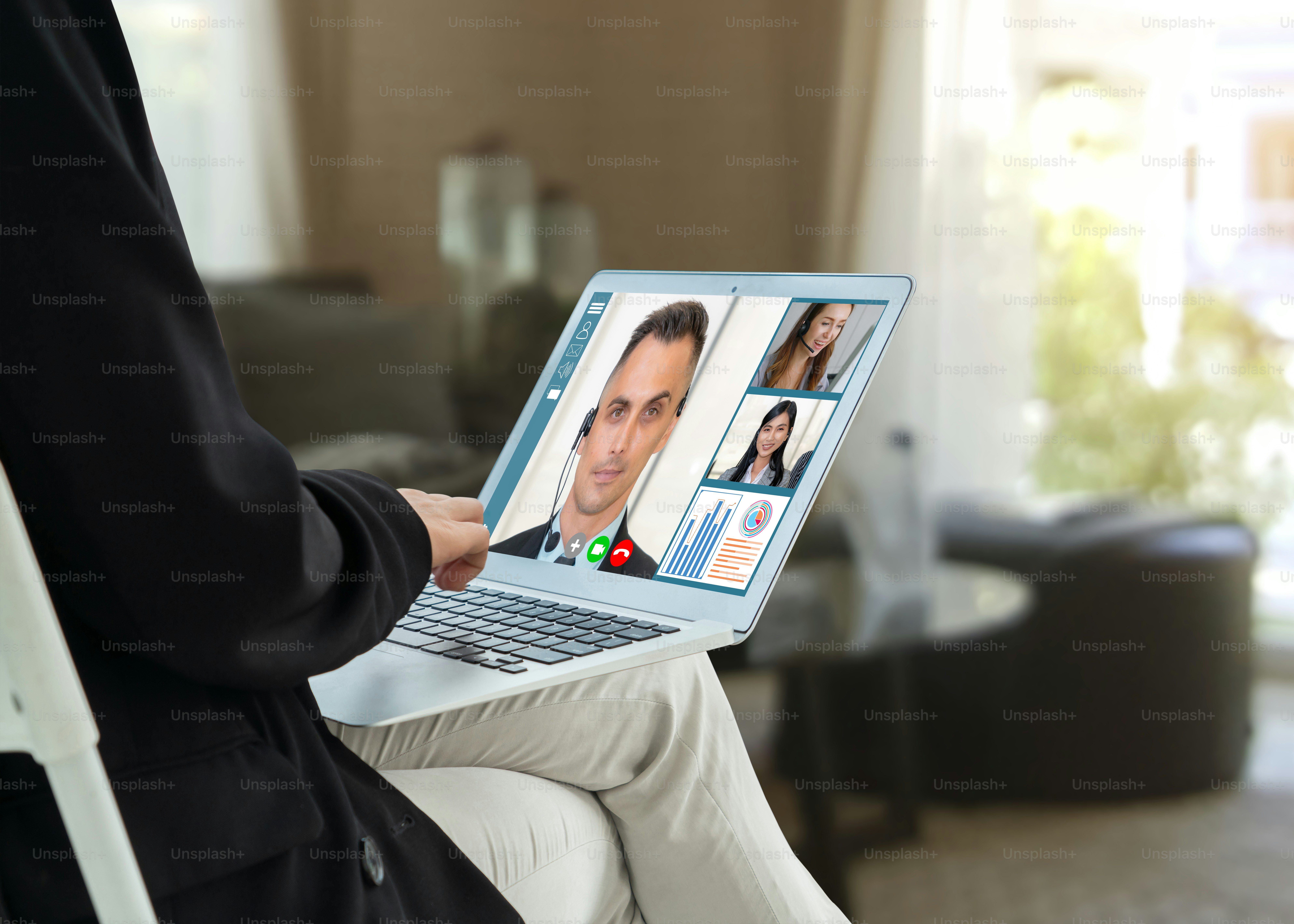 Video call business people meeting on virtual workplace or remote office. Telework conference call using smart video technology to communicate colleague in professional corporate business.