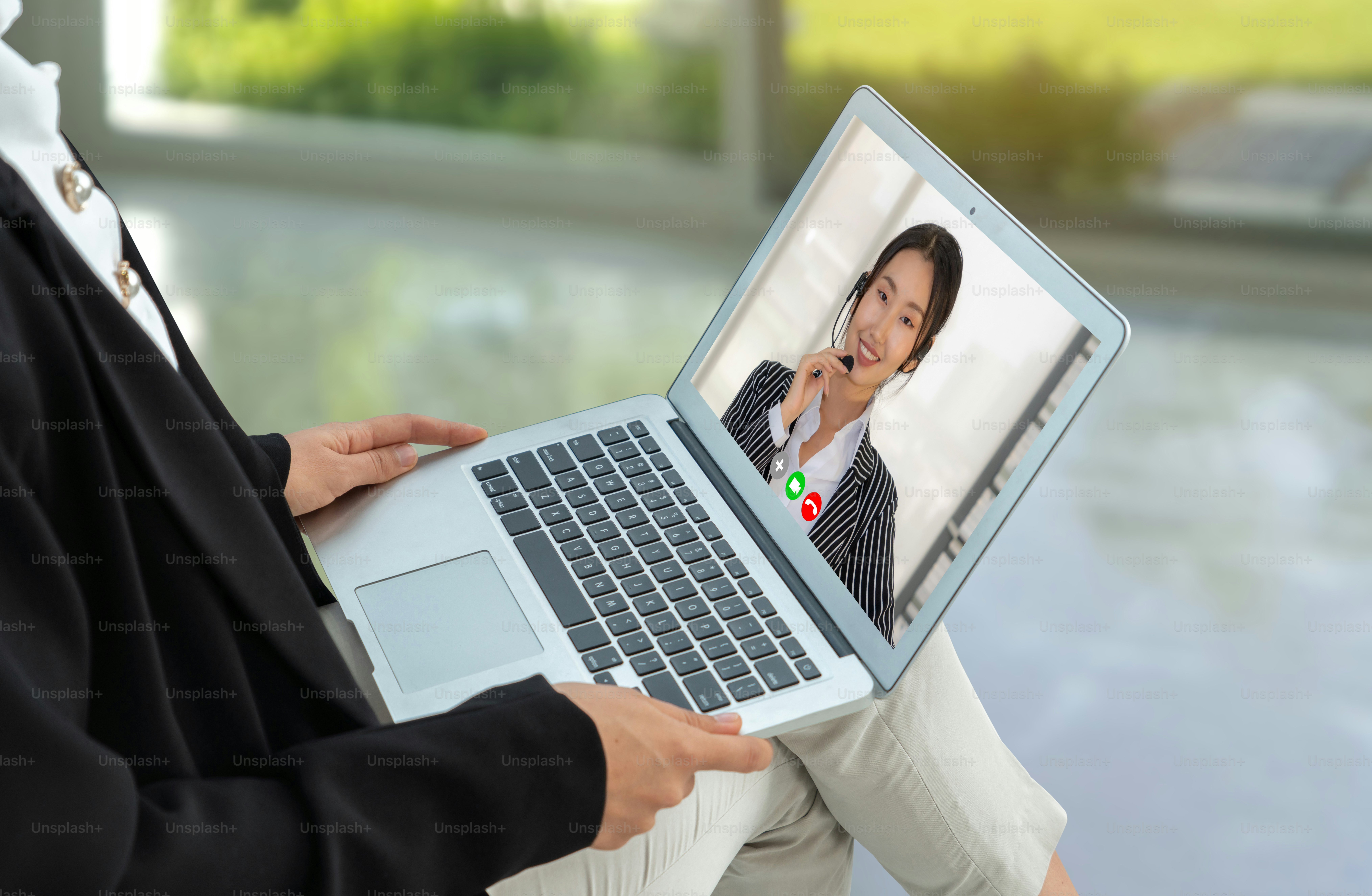 Video call business people meeting on virtual workplace or remote office. Telework conference call using smart video technology to communicate colleague in professional corporate business.