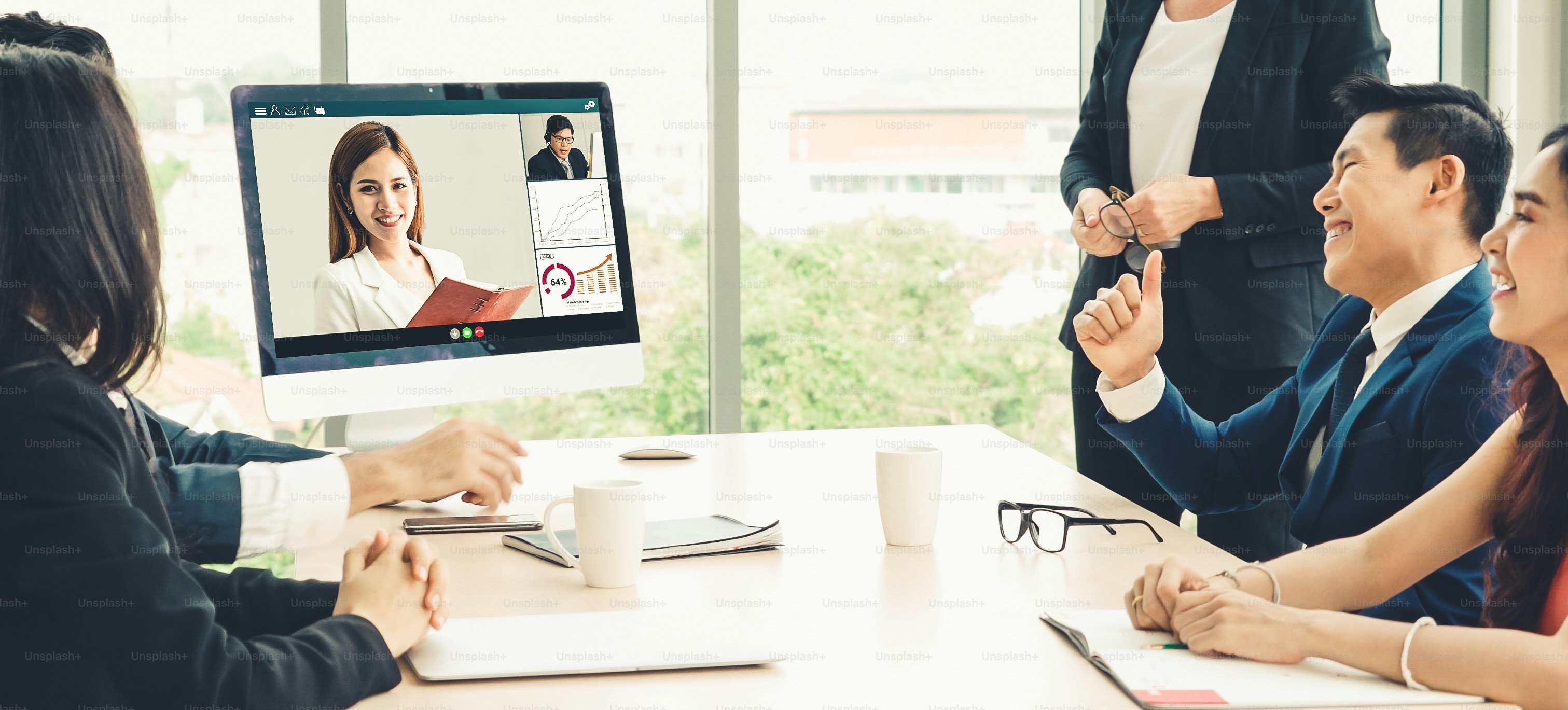 Video call group business people meeting on virtual workplace or remote office. Telework conference call using smart video technology to communicate colleague in professional corporate business.