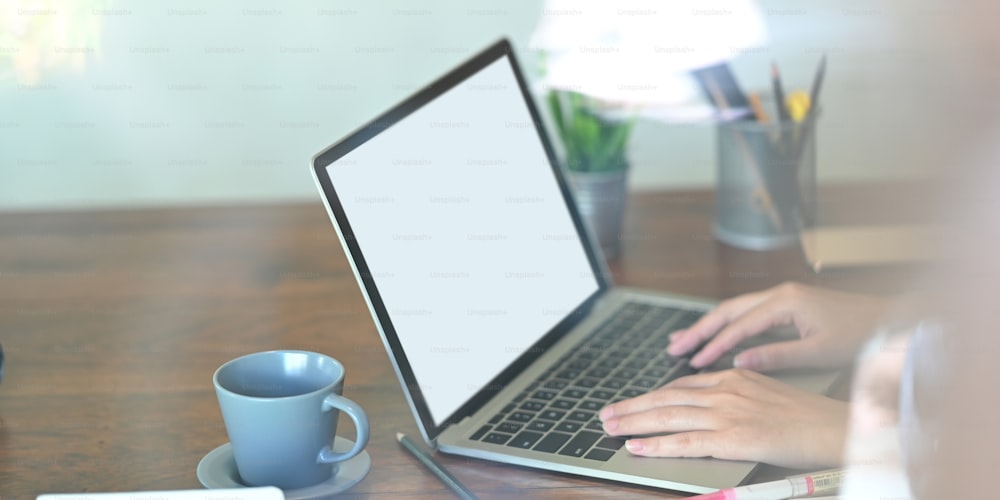 화분에 심은 식물, 연필꽂이, 커피 컵으로 둘러싸인 나무 작업 책상에 올려놓은 흰색 빈 화면 컴퓨터 노트북에 타이핑하는 아름다운 여성의 자른 이미지.