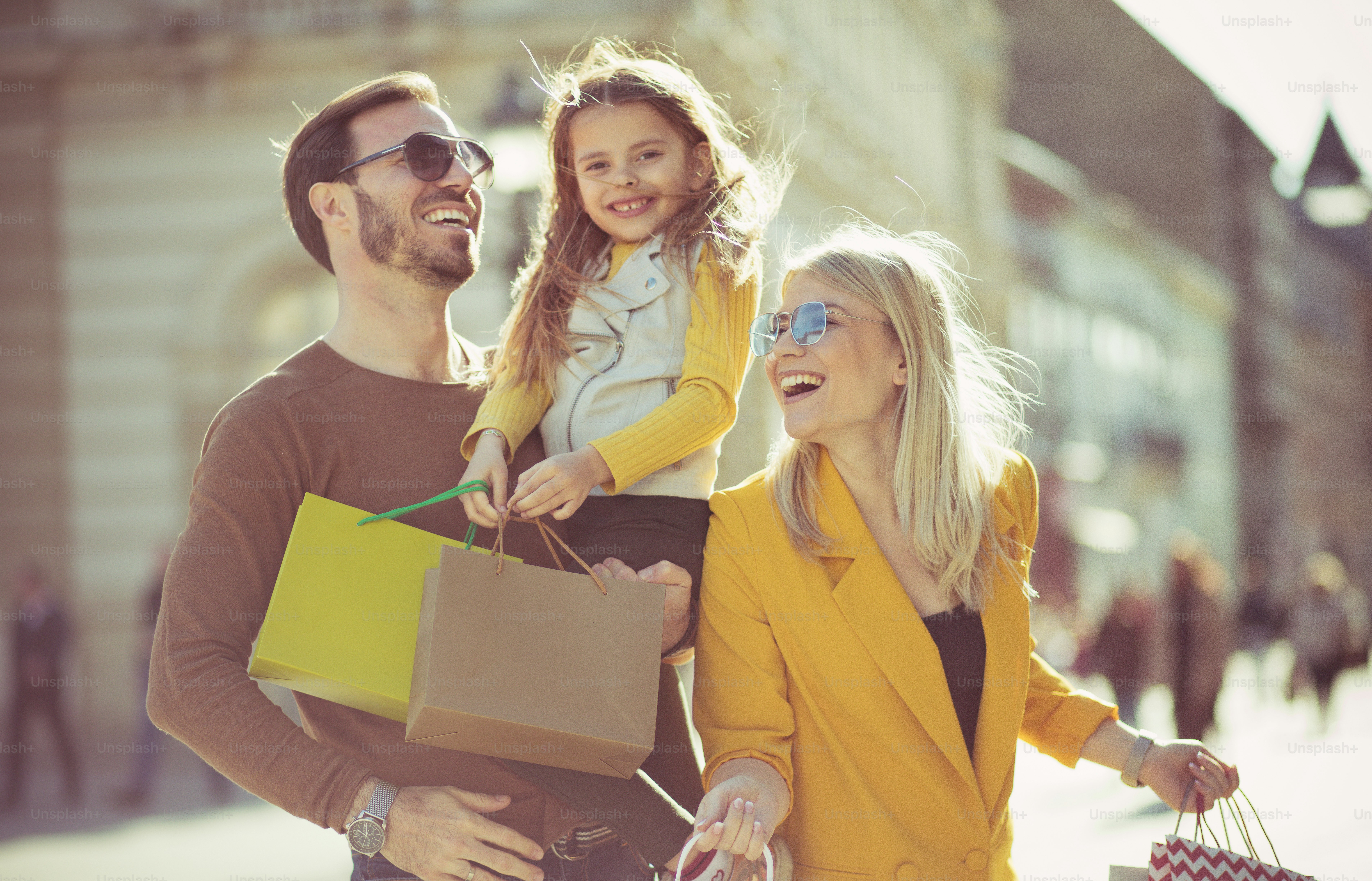 Weekend and shopping. Family in the city.