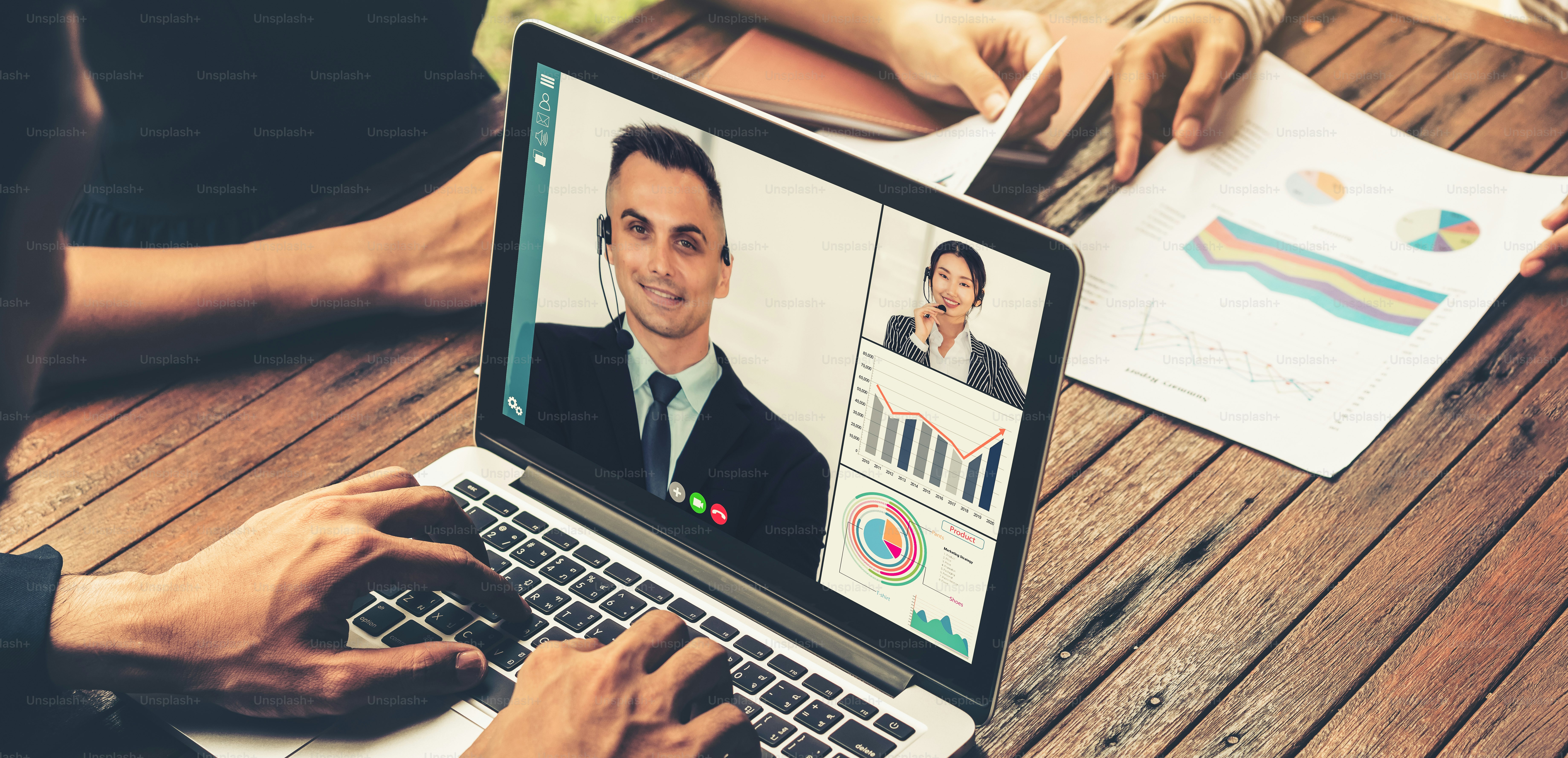 Video call group business people meeting on virtual workplace or remote office. Telework conference call using smart video technology to communicate colleague in professional corporate business.