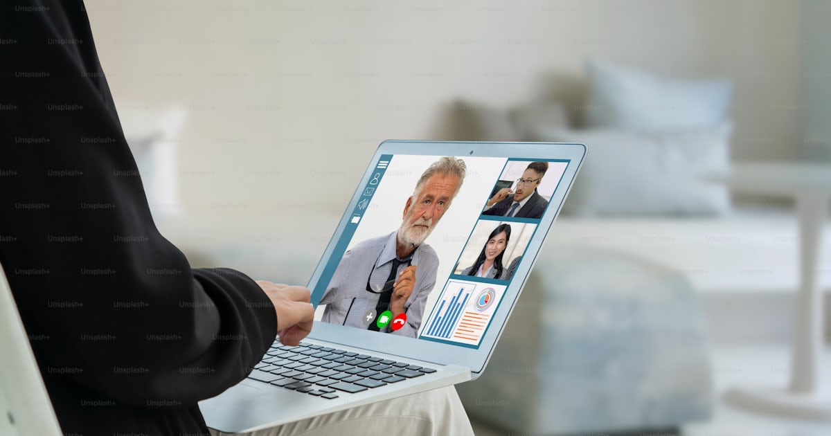 Video call business people meeting on virtual workplace or remote ...