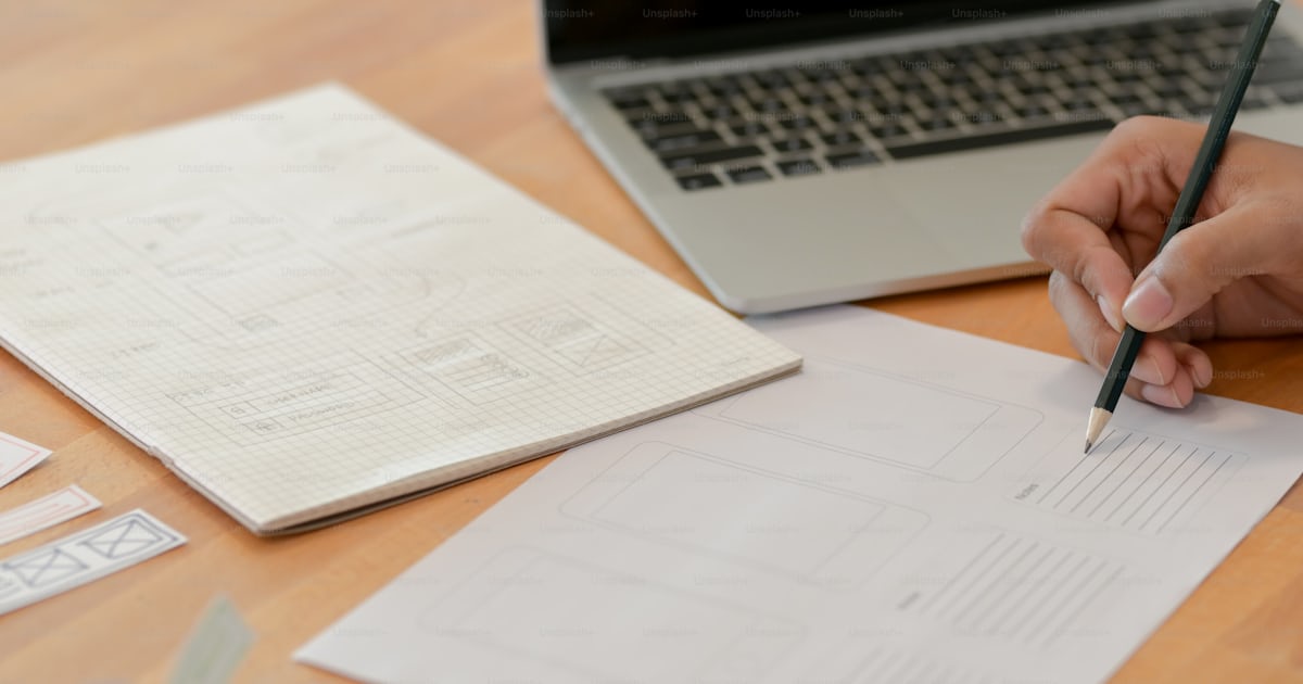 Close up view of male UI developer drawing on paperwork while looking ...