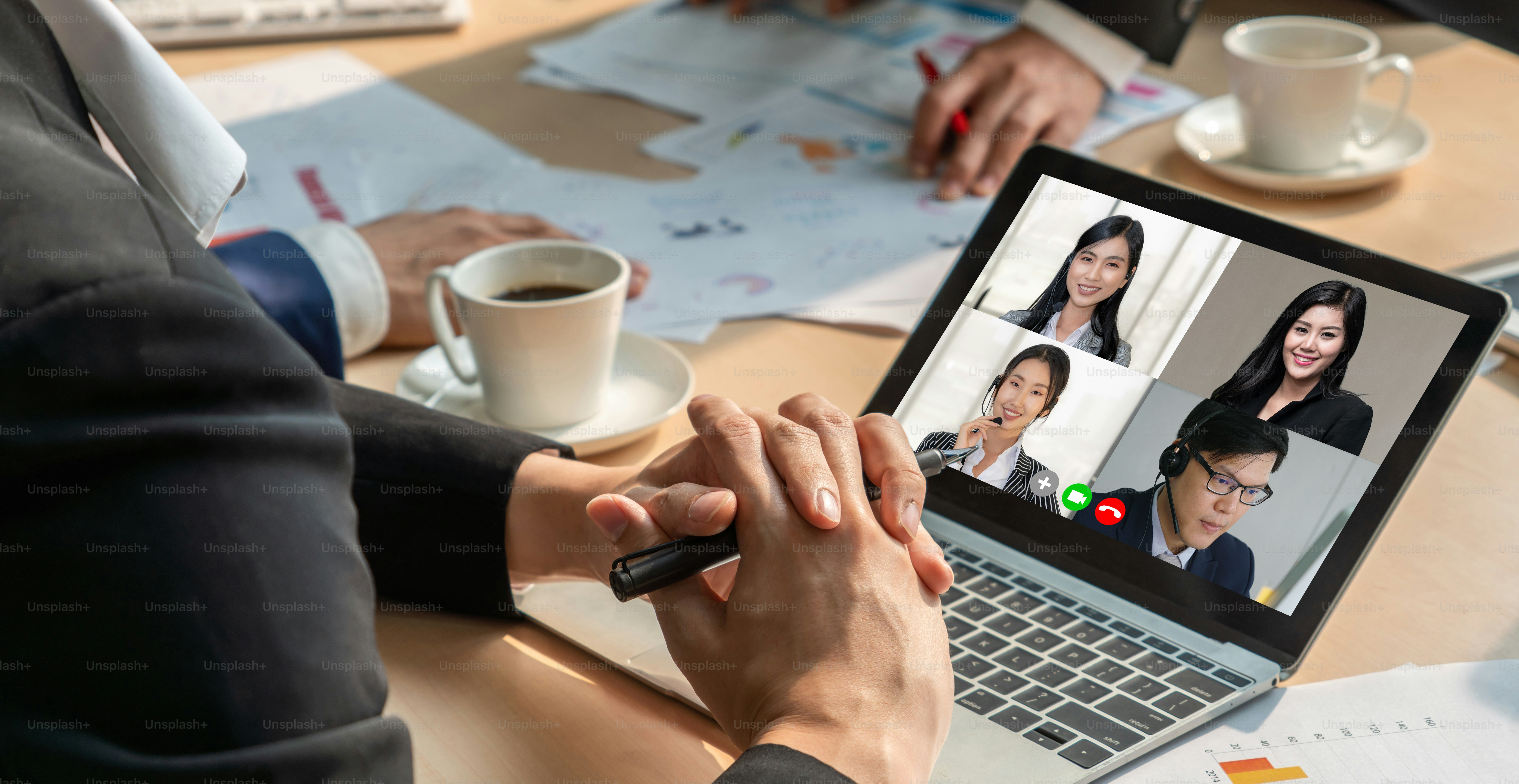 Video call group business people meeting on virtual workplace or remote office. Telework conference call using smart video technology to communicate colleague in professional corporate business.