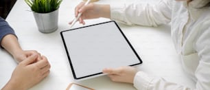 Cropped shot of female doctor diagnosing female patient while looking medical record on blank screen tablet