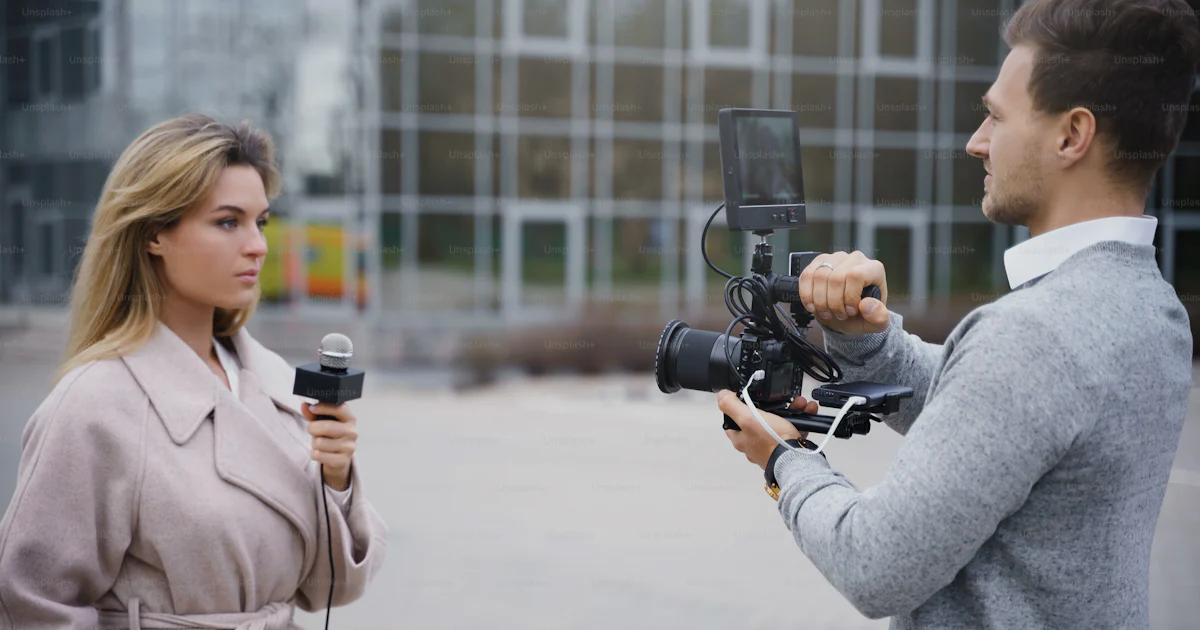 Legman Journalist crew making reportage for the news on a city streets photo ...