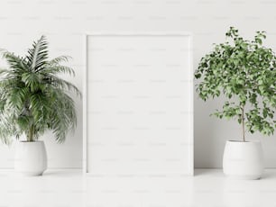 Interior poster mock up with plant pot,flower in room with white wall. 3D rendering