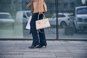 Cropped photo of a slim elegant Caucasian woman with shopping bags walking along the street