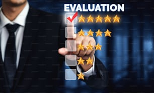 Customer review satisfaction feedback survey concept. User give rating to service experience on online application. Customer can evaluate quality of service leading to reputation ranking of business.