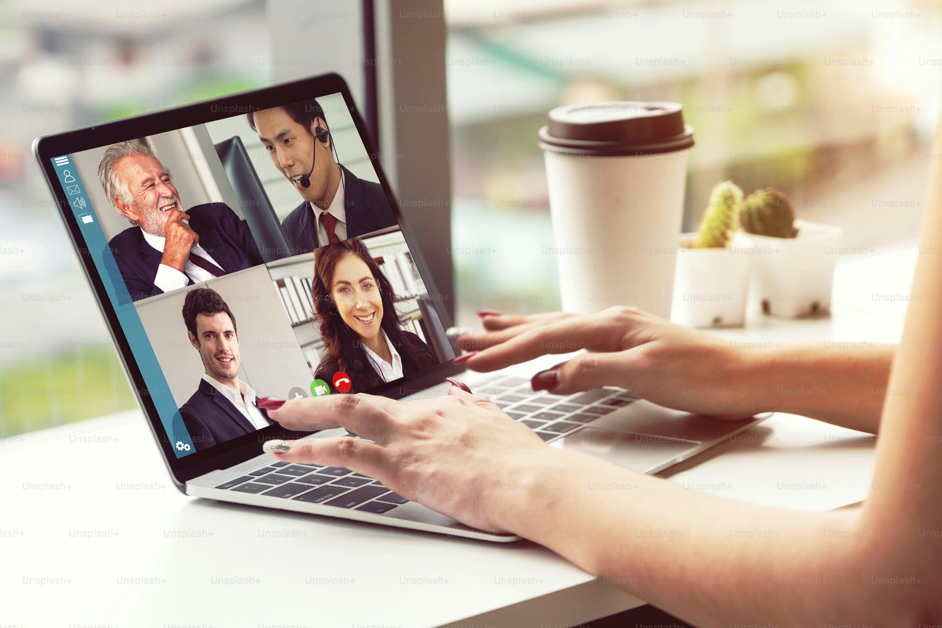 Video call business people meeting on virtual workplace or remote ...