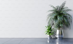 White wall empty room with plants on a floor,3D rendering