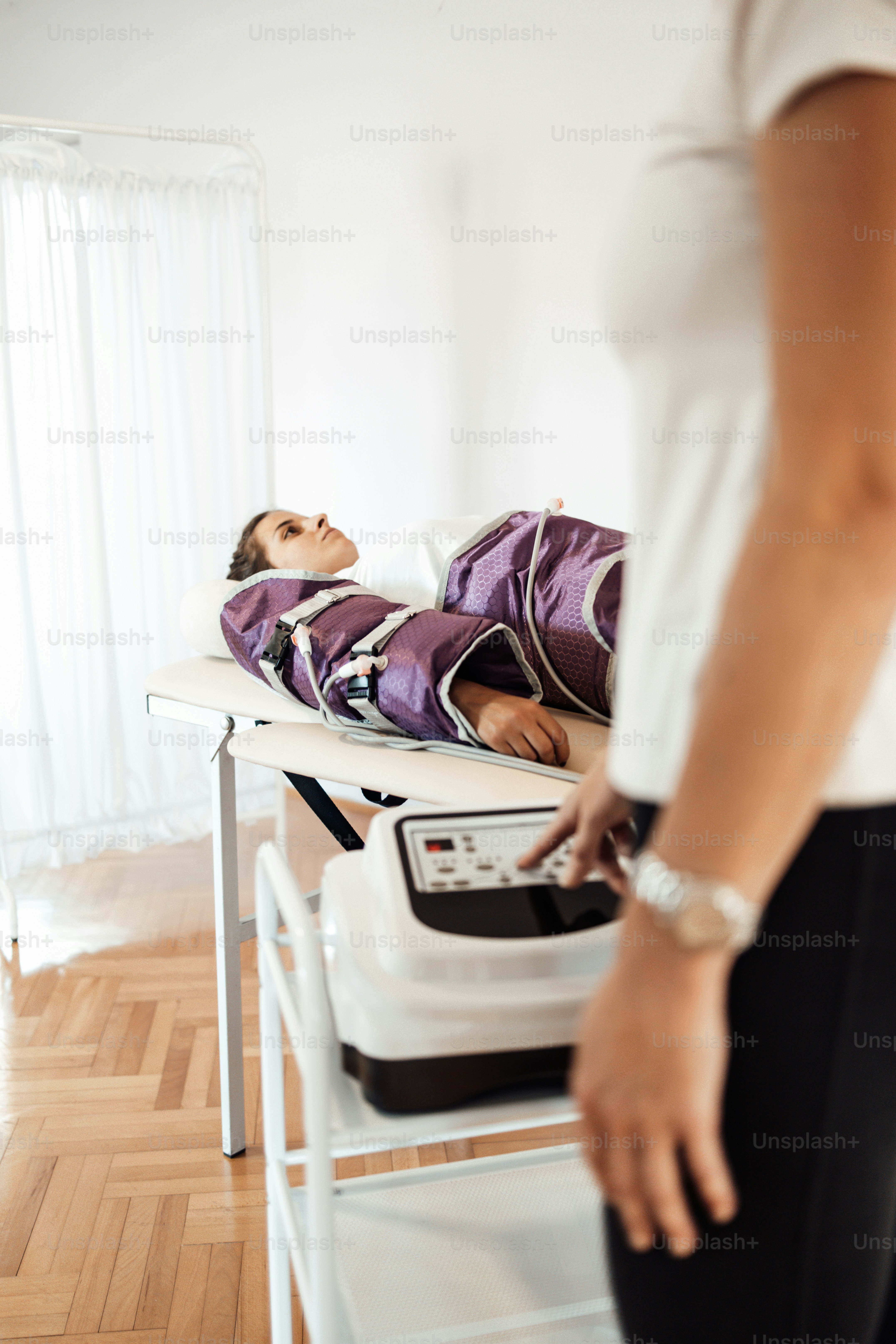 Pressotherapy Cellulite reduction suit. Lymphatic drainage weight loss. Modern technology treatment for health body and beauty improvement