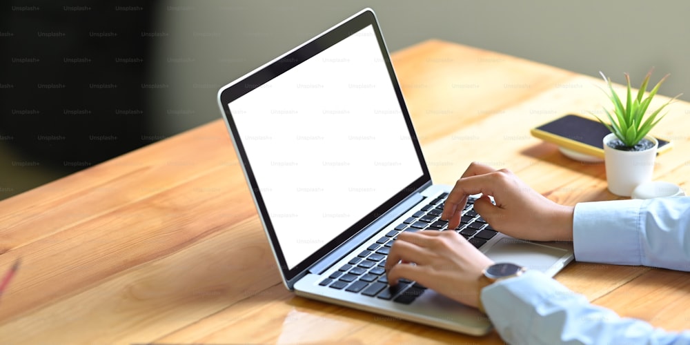 L'immagine ritagliata delle mani dell'uomo d'affari sta digitando su un computer portatile alla scrivania di lavoro in legno.