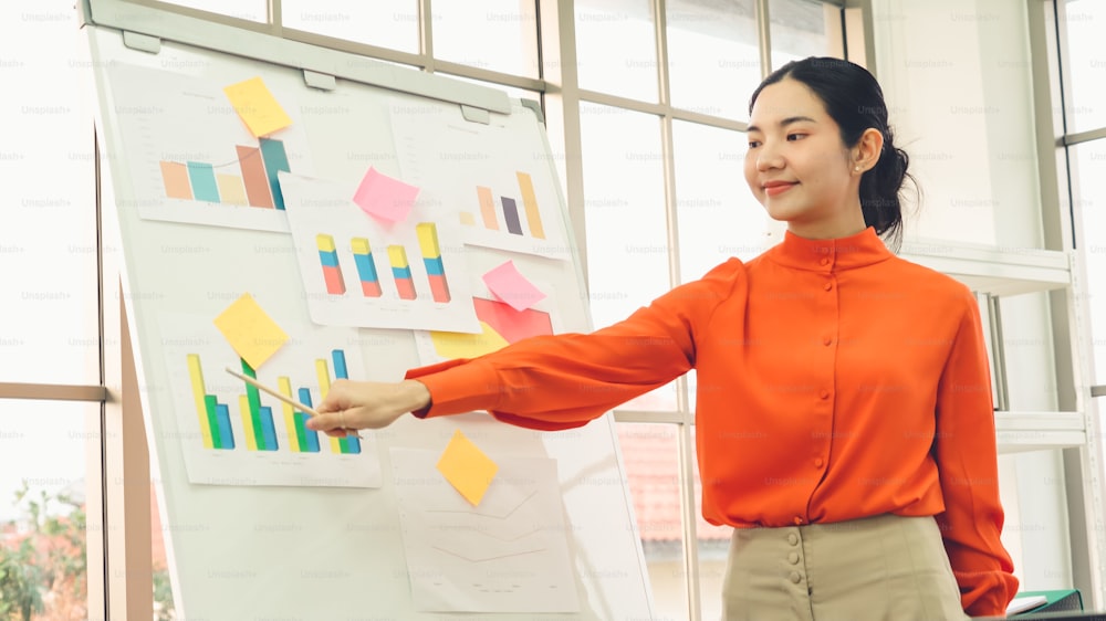 Une jeune femme explique les données de l’entreprise sur un tableau blanc dans un bureau décontracté. La femme d’affaires asiatique confiante rapporte l’état d’avancement d’un projet d’entreprise à un partenaire pour déterminer la stratégie de marché.