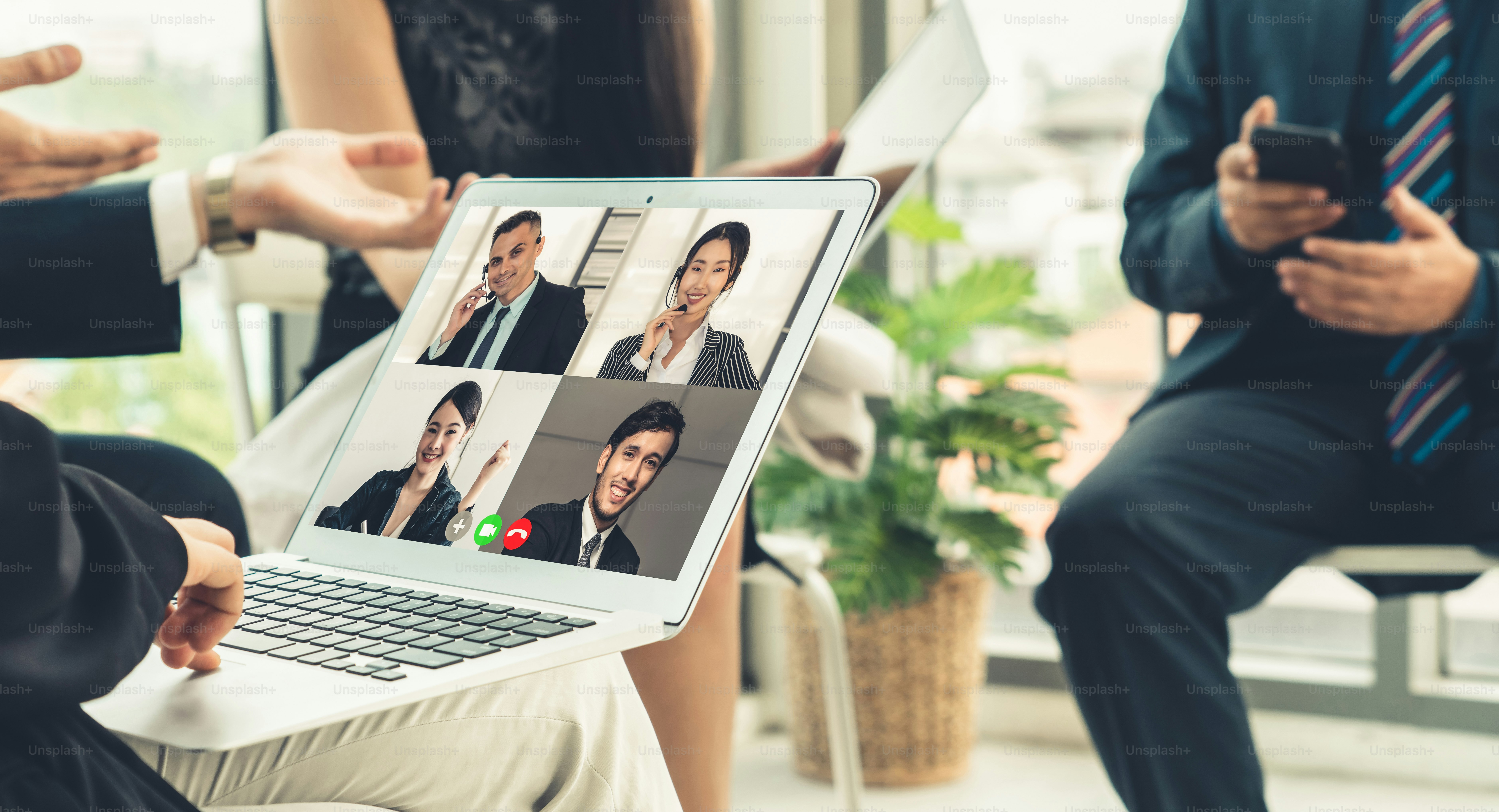 Video call group business people meeting on virtual workplace or remote ...