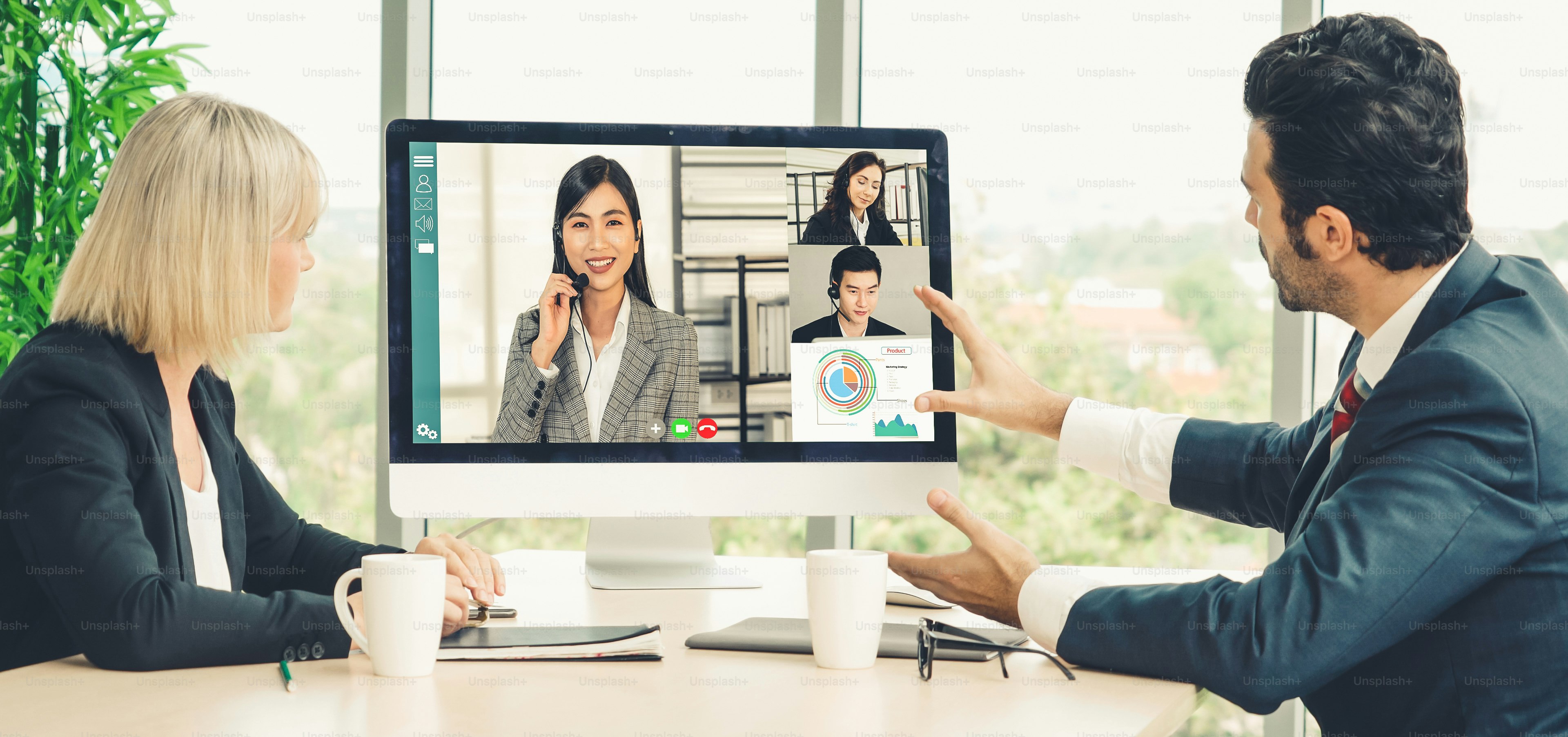 Video call group business people meeting on virtual workplace or remote ...
