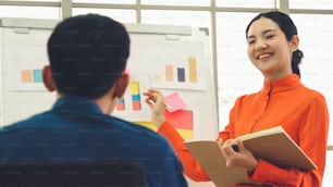 Young woman explains business data on white board in casual office room . The confident Asian businesswoman reports information progress of a business project to partner to determine market strategy .