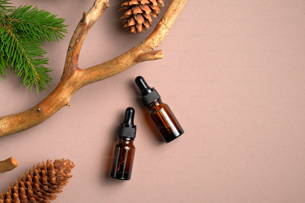 Flat lay composition with bottles of conifer essential oil on neutral background with branch, pine cones