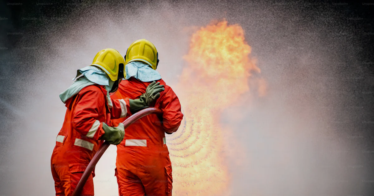Fire Service Using Teamwork Two Firefighter teamwork in fire suit with fire fighting equipment ...