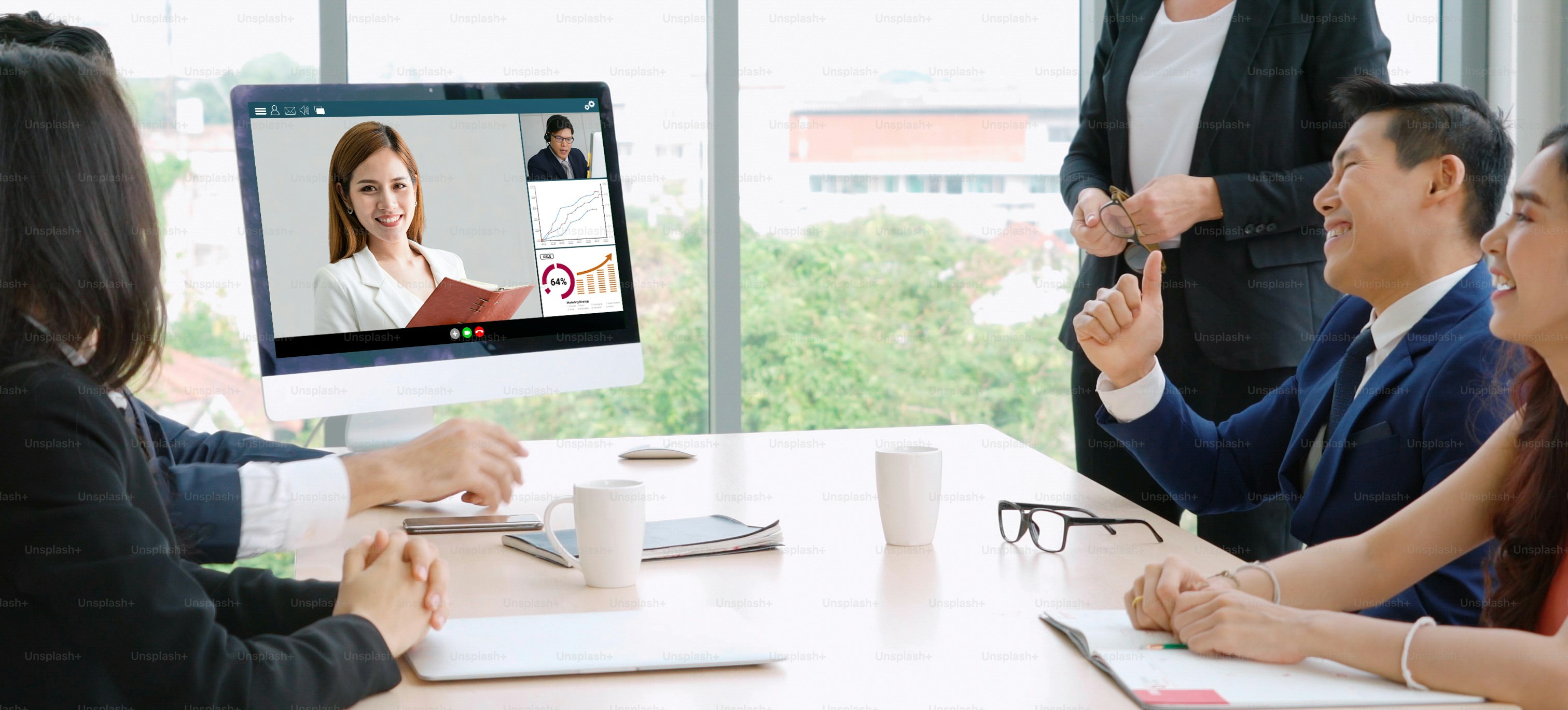 Video call group business people meeting on virtual workplace or remote office. Telework conference call using smart video technology to communicate colleague in professional corporate business.