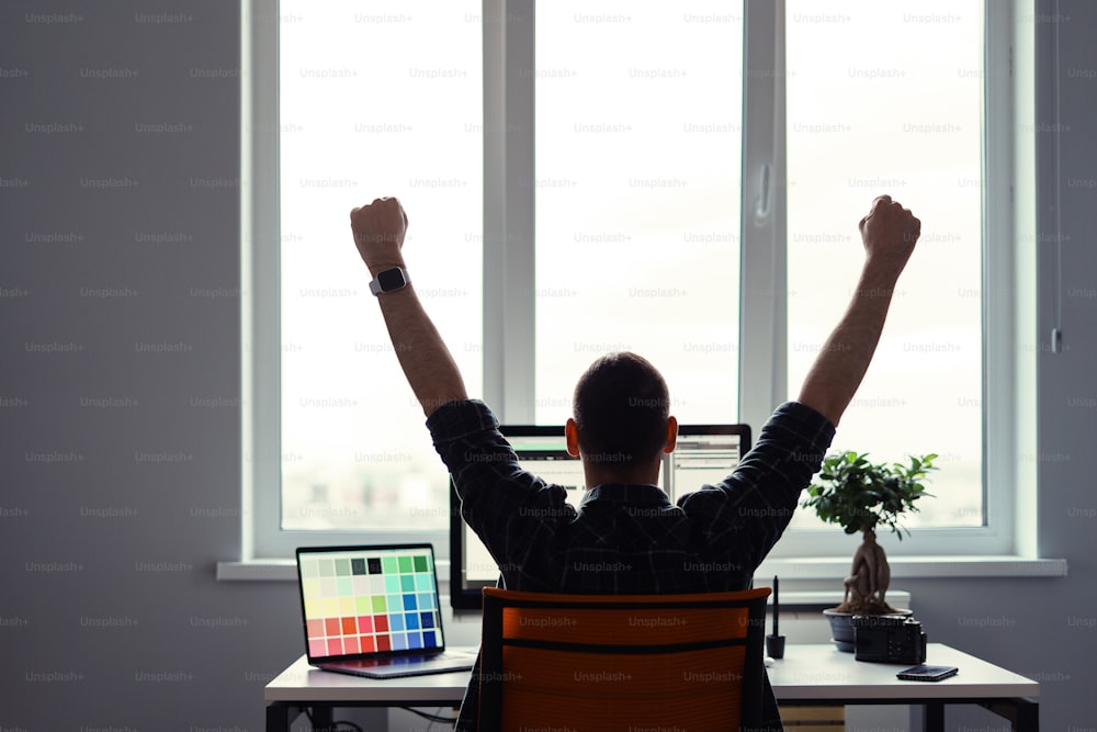 Victory, back view portrait of a successful man, who is celebrating at his work place in the home office. He did a great job, holding hands up