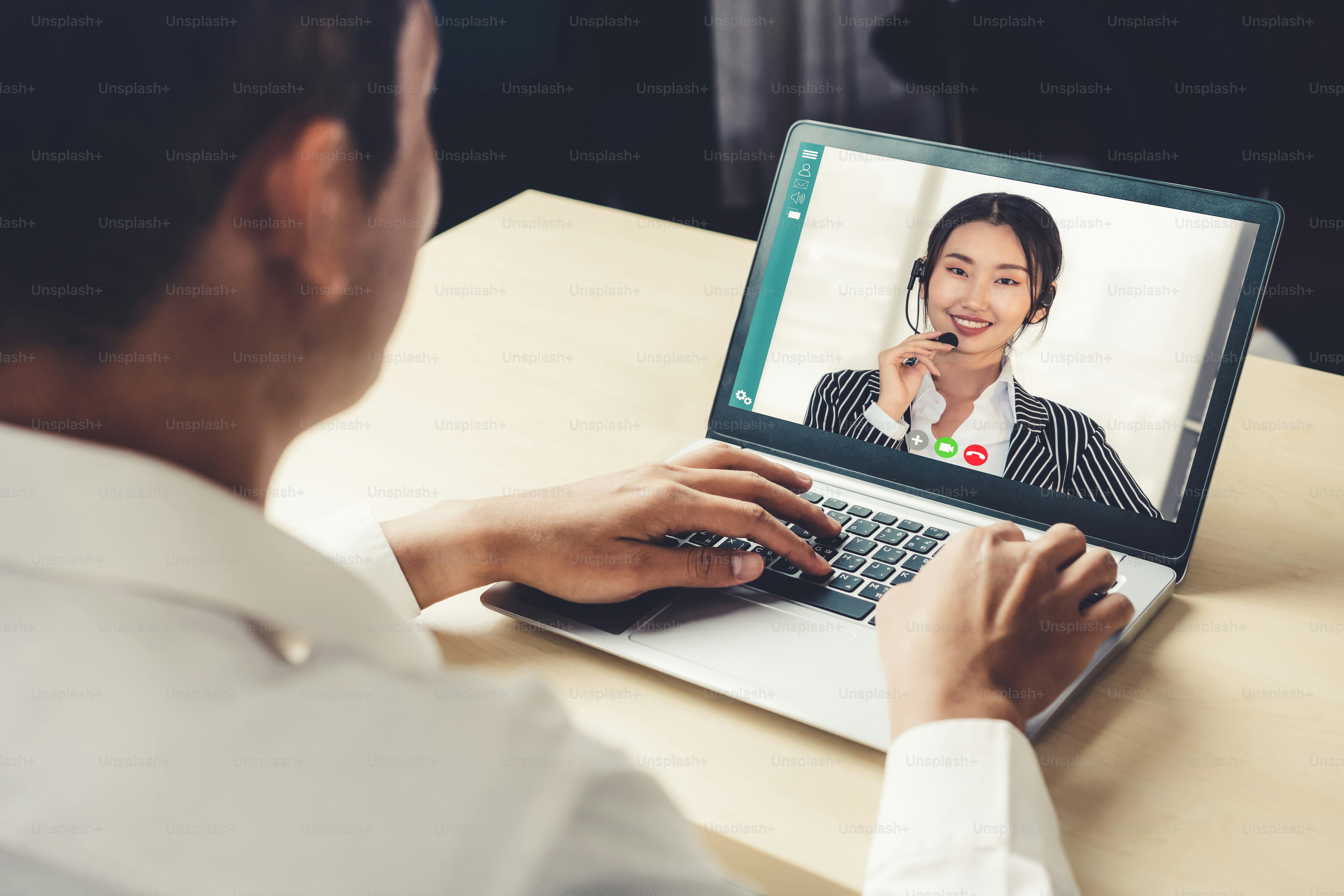 Video call business people meeting on virtual workplace or remote office. Telework conference call using smart video technology to communicate colleague in professional corporate business.