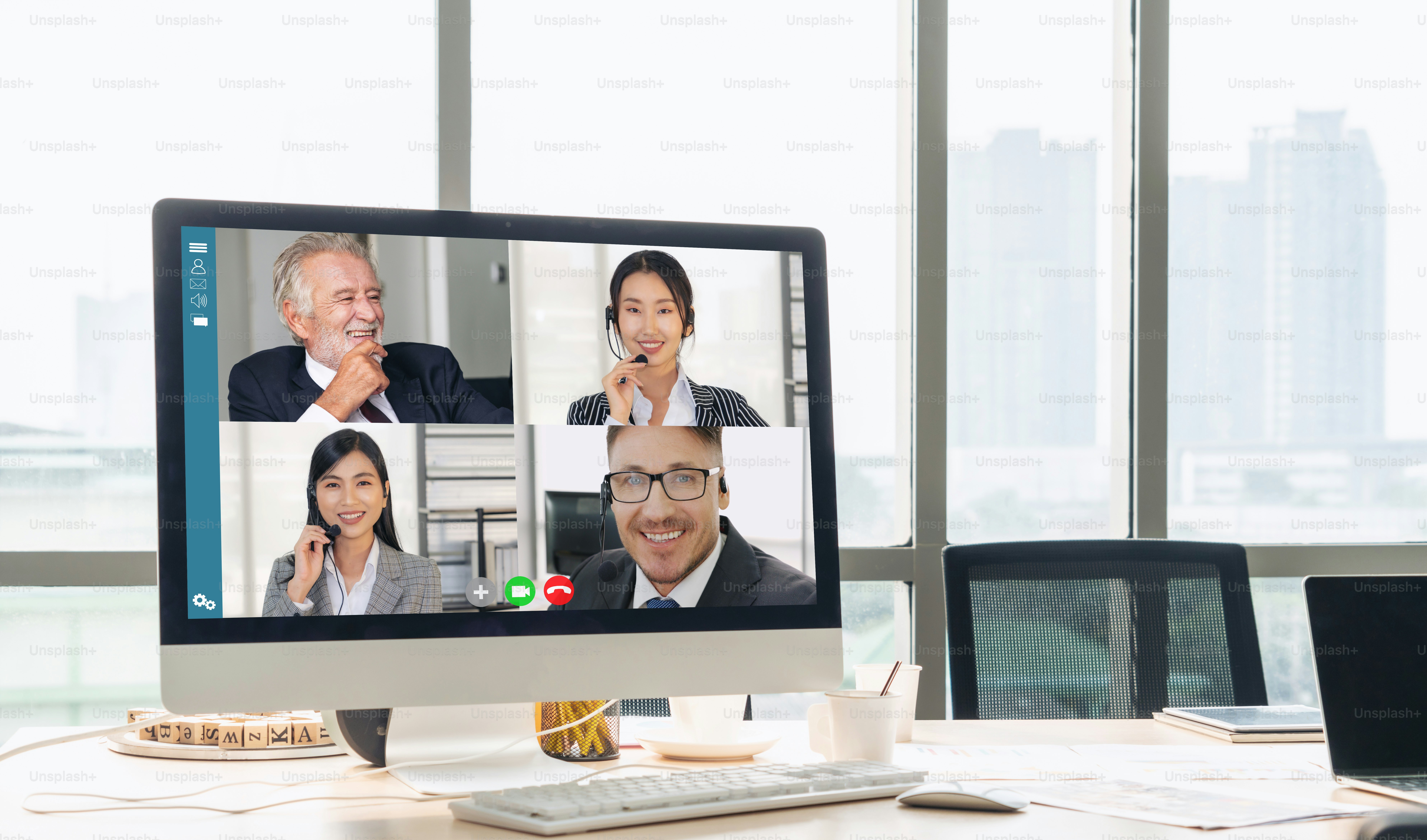 Video call business people meeting on virtual workplace or remote office. Telework conference call using smart video technology to communicate colleague in professional corporate business.