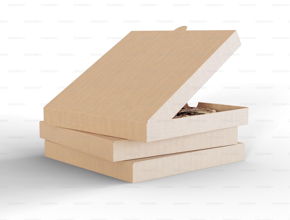 Ilustração 3D. Abra o modelo da caixa de pizza. Pacote vazio e pacote de entrega em fundo isolado.