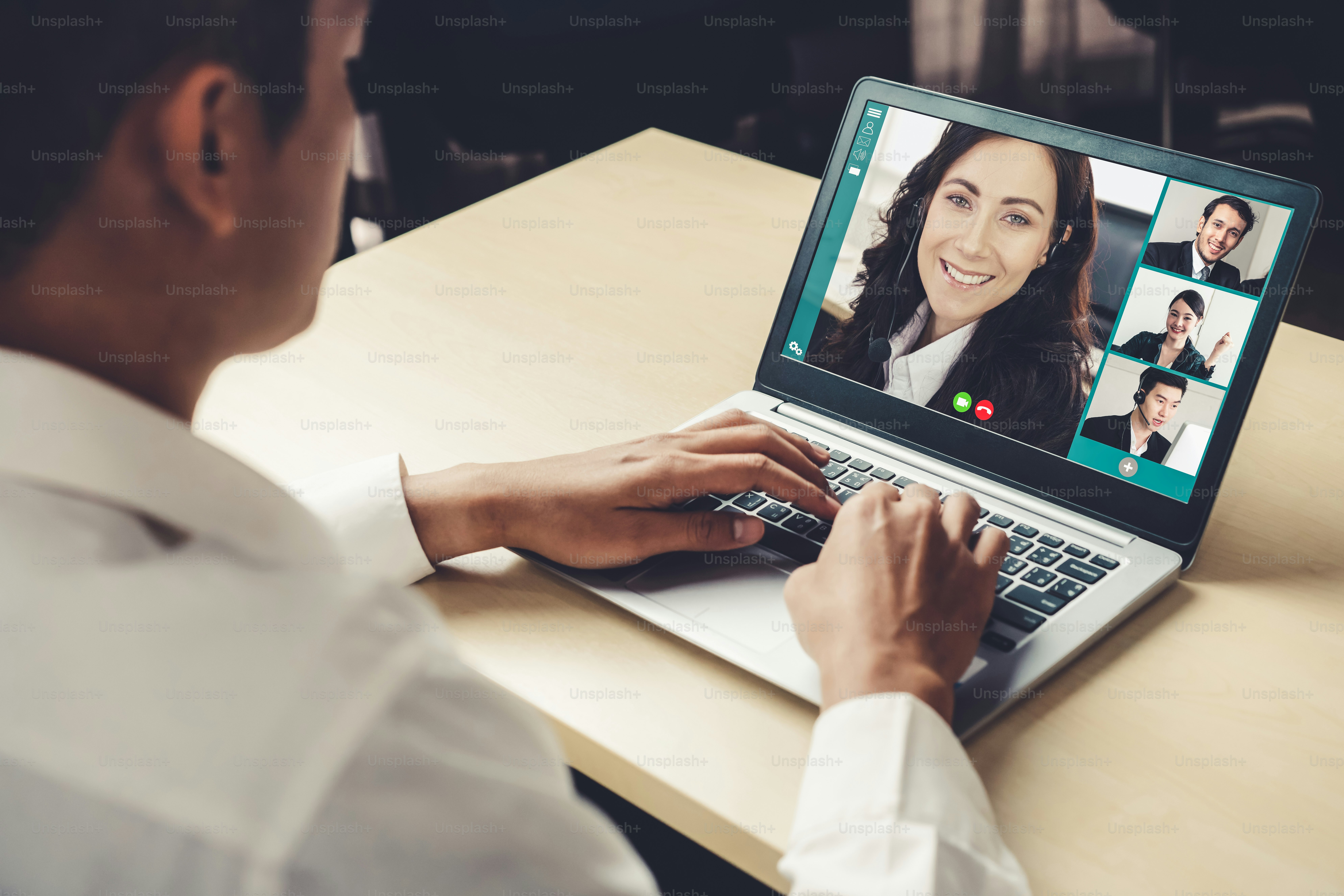 Video call business people meeting on virtual workplace or remote office. Telework conference call using smart video technology to communicate colleague in professional corporate business.
